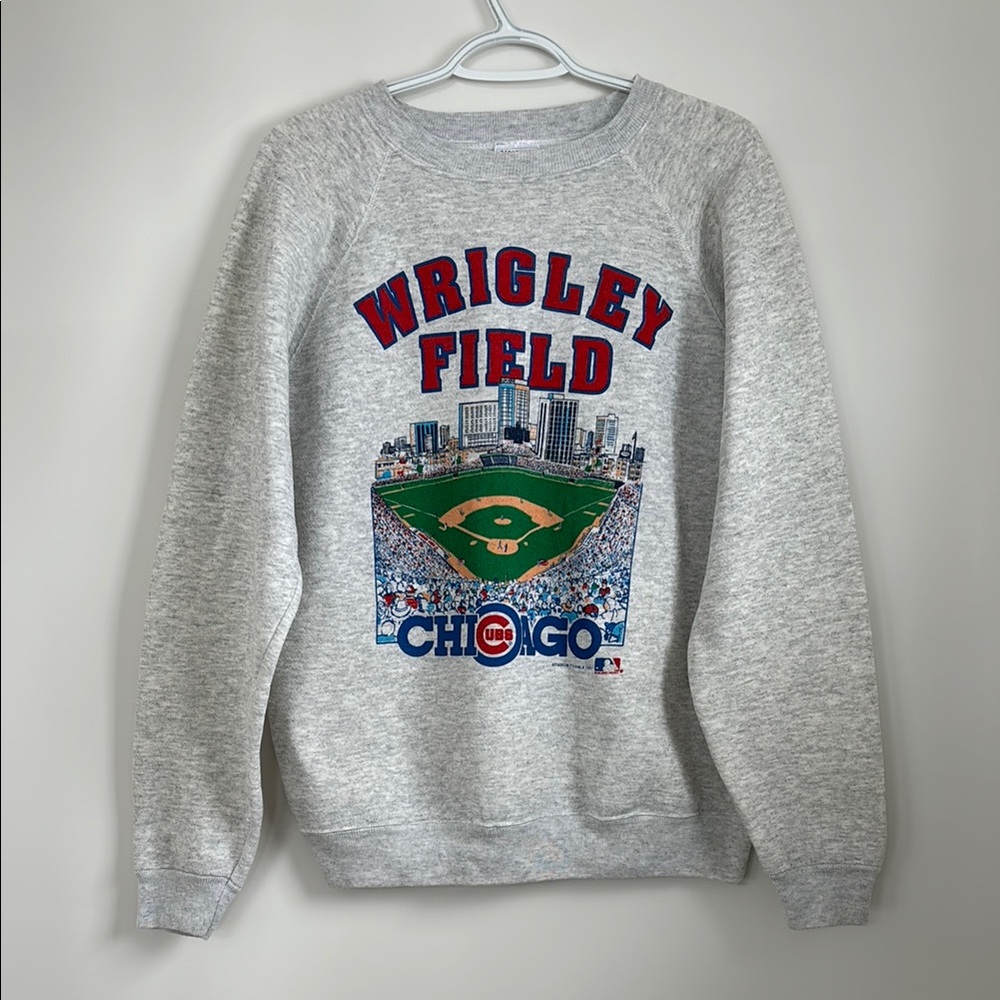 Hanes Gray Wrigley Field Chicago Crewneck Sweatshirt with Red & Blue Graphics